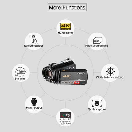 ORDRO AC5 4K HD Night Vision WiFi 12X Optical Zoom Digital Video DV Camera Camcorder, Style:Standard + Microphone(Black)-garmade.com