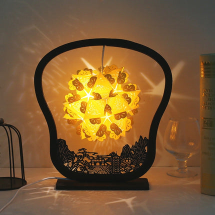 Paper Art Light And Shadow Paper Carving Lamp DIY Handmade Creative Small Table Lamp, Style:Fan-shaped-garmade.com
