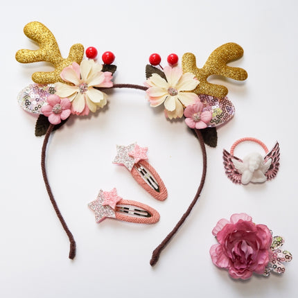 Christmas Hair Accessories Antlers Headband And Little Angel Hairpin Hair Band Combination Set(Pink)-garmade.com