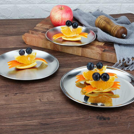 Stainless Steel Thickened Round Plate Cafe Tray Fruit Cake Plate Bone Plate Dish Shallow Plate, Diameter: 20cm, Style: Brushed Matte Silver-garmade.com