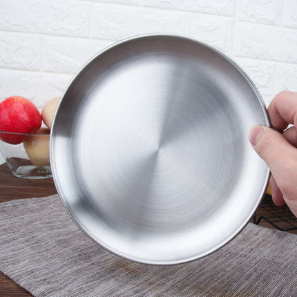 Stainless Steel Thickened Round Plate Cafe Tray Fruit Cake Plate Bone Plate Dish Shallow Plate, Diameter: 26cm, Style: Brushed Matte Silver-garmade.com