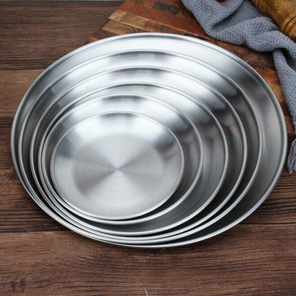 Stainless Steel Thickened Round Plate Cafe Tray Fruit Cake Plate Bone Plate Dish Shallow Plate, Diameter: 30cm, Style: Brushed Matte Silver-garmade.com