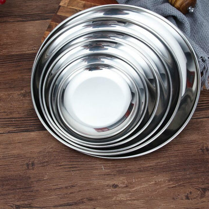 Stainless Steel Thickened Round Plate Cafe Tray Fruit Cake Plate Bone Plate Dish Shallow Plate, Diameter: 30cm, Style: Bright Mirror Silver-garmade.com