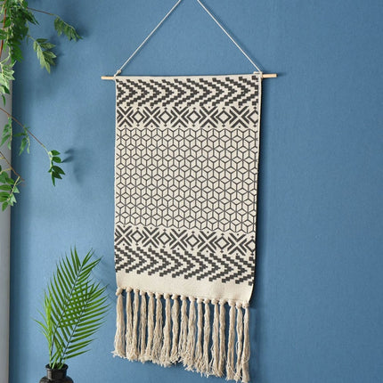 GT001 Printed Tapestry Cotton Thread Woven Tassel Wall Hanging Decoration, Size: 50x70cm(Black Cube)-garmade.com