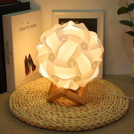Creative Bedroom Bedside Night Light USB Round Romantic Room Decoration Lamp with Wood Base, Style: DIY Material Kit(White)-garmade.com