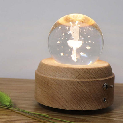 Girl Bedside Lamp Crystal Ball Wooden Base Music Box Charging Glow Rotating Night Light, Random Music(Ballet)-garmade.com