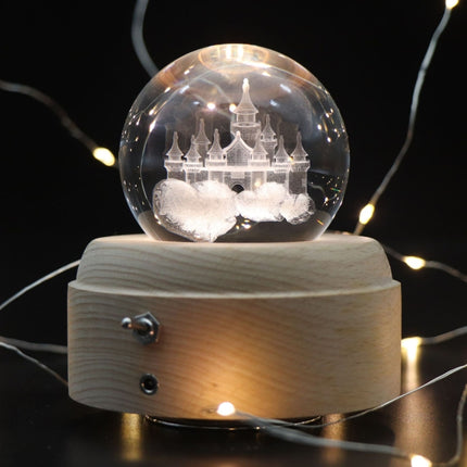 Girl Bedside Lamp Crystal Ball Wooden Base Music Box Charging Glow Rotating Night Light, Random Music(Castle)-garmade.com