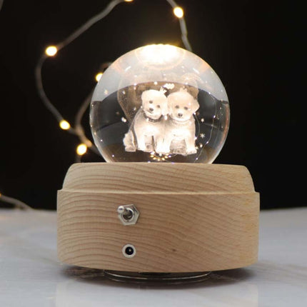 Girl Bedside Lamp Crystal Ball Wooden Base Music Box Charging Glow Rotating Night Light, Random Music(Dogs)-garmade.com