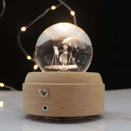 Girl Bedside Lamp Crystal Ball Wooden Base Music Box Charging Glow Rotating Night Light, Random Music(Drawing Girl)-garmade.com