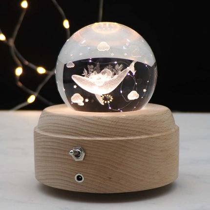 Girl Bedside Lamp Crystal Ball Wooden Base Music Box Charging Glow Rotating Night Light, Random Music(Whale)-garmade.com