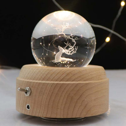 Girl Bedside Lamp Crystal Ball Wooden Base Music Box Charging Glow Rotating Night Light, Random Music(Deer Head)-garmade.com