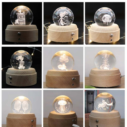Girl Bedside Lamp Crystal Ball Wooden Base Music Box Charging Glow Rotating Night Light, Random Music(Cat)-garmade.com