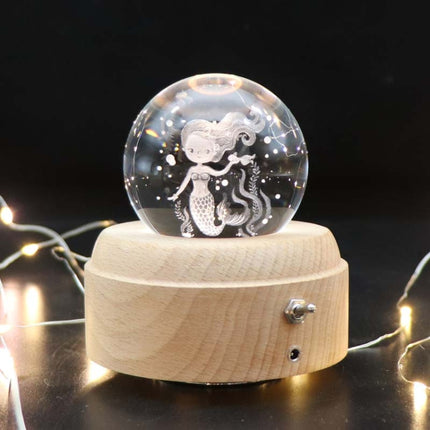 Girl Bedside Lamp Crystal Ball Wooden Base Music Box Charging Glow Rotating Night Light, Random Music(Mermaid)-garmade.com
