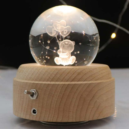 Girl Bedside Lamp Crystal Ball Wooden Base Music Box Charging Glow Rotating Night Light, Random Music(Balloon Bear)-garmade.com