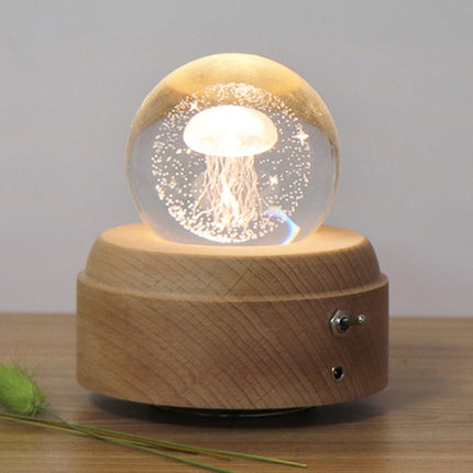 Girl Bedside Lamp Crystal Ball Wooden Base Music Box Charging Glow Rotating Night Light, Random Music(Jellyfish)-garmade.com