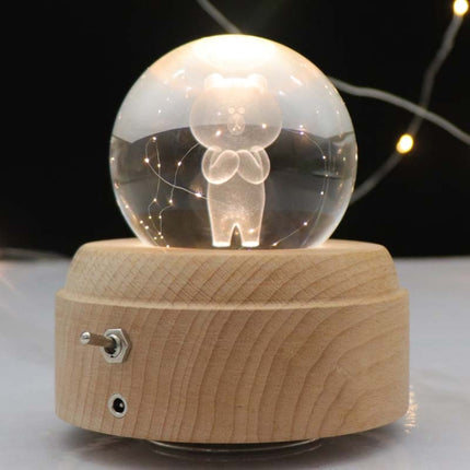 Girl Bedside Lamp Crystal Ball Wooden Base Music Box Charging Glow Rotating Night Light, Random Music(Bear)-garmade.com