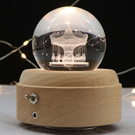 Girl Bedside Lamp Crystal Ball Wooden Base Music Box Charging Glow Rotating Night Light, Random Music(Carousel)-garmade.com