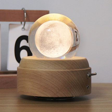Girl Bedside Lamp Crystal Ball Wooden Base Music Box Charging Glow Rotating Night Light, Random Music(Moon)-garmade.com