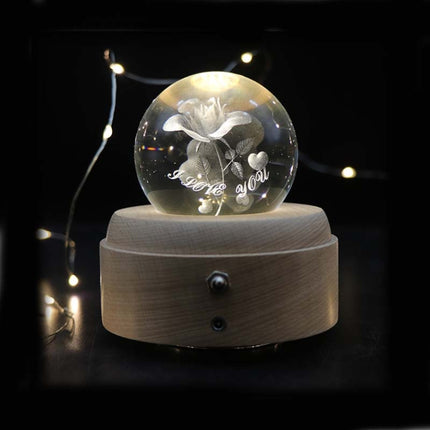 Girl Bedside Lamp Crystal Ball Wooden Base Music Box Charging Glow Rotating Night Light, Random Music(Rose I love U)-garmade.com