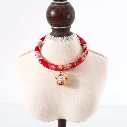 4 PCS Lucky Cat Copper Bell Adjustable Pet Cat Dog Collar Necklace, Size:M 25-30cm(Red Flowers)-garmade.com