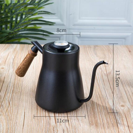 304 Stainless Steel Coffee Hand Pot Wooden Handle Coffee Pot Teflon Long-Mouth Slender Pot, Style: Without Thermometer-garmade.com