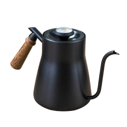 304 Stainless Steel Coffee Hand Pot Wooden Handle Coffee Pot Teflon Long-Mouth Slender Pot, Style: With Thermometer-garmade.com