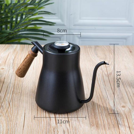304 Stainless Steel Coffee Hand Pot Wooden Handle Coffee Pot Teflon Long-Mouth Slender Pot, Style: With Thermometer-garmade.com