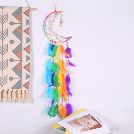 Colorful Moon Feather Woven Dream Catcher Home Wall Hanging Decoration(MS9080)-garmade.com
