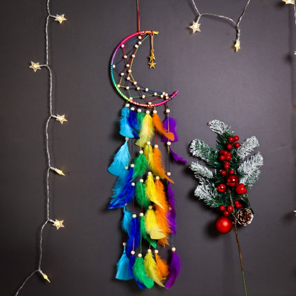 Colorful Moon Feather Woven Dream Catcher Home Wall Hanging Decoration(MS9080)-garmade.com