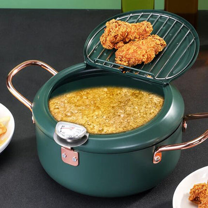 20cm Fryer Pot Household Non-Stick Pan Temperature Control Mini Frying Pot(Olive Green)-garmade.com