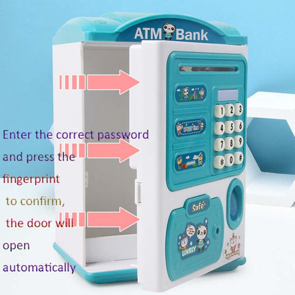 Simulation Password Fingerprint Sensor Unlocking Money Box Automatic Roll Money Safe ATM Piggy Bank(Blue)-garmade.com