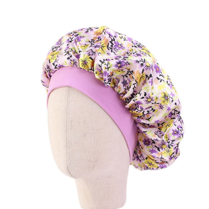 3 PCS K-14 Children Printed Satin Nightcap Adjustable Stretch Hair Care Hat Shower Cap, Size: One Size(Floral Purple)-garmade.com