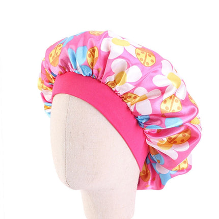 3 PCS K-14 Children Printed Satin Nightcap Adjustable Stretch Hair Care Hat Shower Cap, Size: One Size(Small Flower Deep Pink)-garmade.com