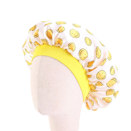 3 PCS K-14 Children Printed Satin Nightcap Adjustable Stretch Hair Care Hat Shower Cap, Size: One Size(Smiley Yellow)-garmade.com