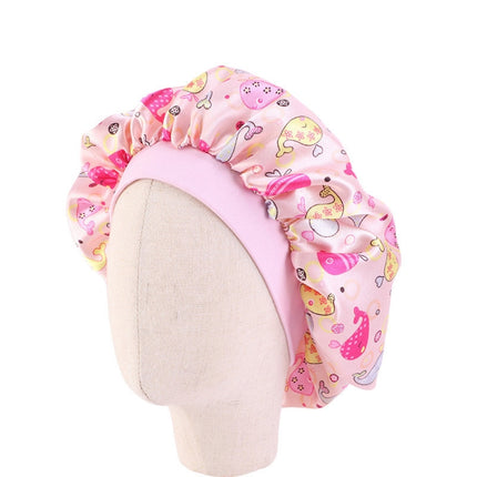 3 PCS K-14 Children Printed Satin Nightcap Adjustable Stretch Hair Care Hat Shower Cap, Size: One Size(Dolphin Pink)-garmade.com