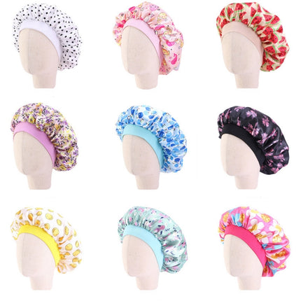 3 PCS K-14 Children Printed Satin Nightcap Adjustable Stretch Hair Care Hat Shower Cap, Size: One Size(Apple Blue)-garmade.com