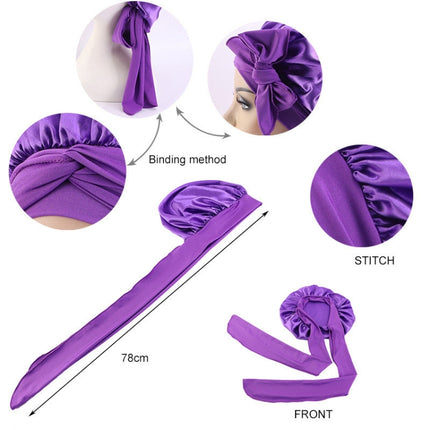 3 PCS TJM-301-1 Faux Silk Adjustable Stretch Wide-Brimmed Night Hat Satin Ribbon Round Hat Shower Cap Hair Care Hat, Size: Free Size(Purple)-garmade.com