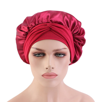 3 PCS TJM-301-1 Faux Silk Adjustable Stretch Wide-Brimmed Night Hat Satin Ribbon Round Hat Shower Cap Hair Care Hat, Size: Free Size(Red Wine )-garmade.com
