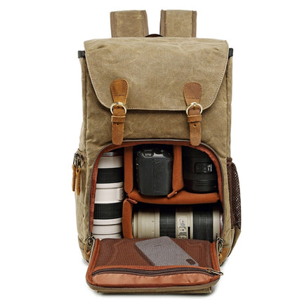 Batik Canvas Waterproof Photography Bag Outdoor Wear-resistant Large Camera Photo Backpack Men for Nikon / Canon / Sony / Fujifilm(Khaki)-garmade.com