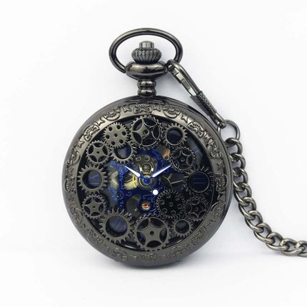 Classical Mechanical Pocket Watch Large Retro Gear Embossed Hollow Pocket Watch(Black)-garmade.com