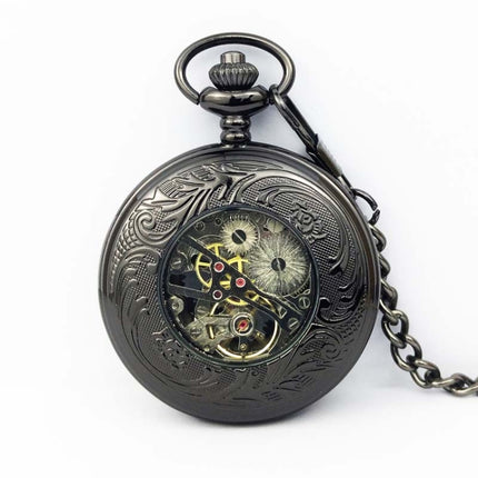 Classical Mechanical Pocket Watch Large Retro Gear Embossed Hollow Pocket Watch(Black)-garmade.com