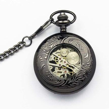 Classical Mechanical Pocket Watch Large Retro Gear Embossed Hollow Pocket Watch(Black)-garmade.com