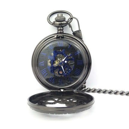 Classical Mechanical Pocket Watch Large Retro Gear Embossed Hollow Pocket Watch(Black)-garmade.com