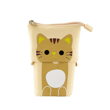 Corduroy Retractable Drop-Down Pencil Case Student Stationery Storage Bag(Coffee Cat)-garmade.com