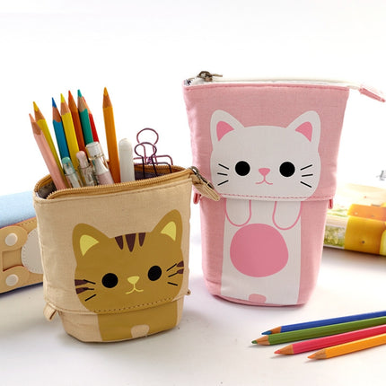 Corduroy Retractable Drop-Down Pencil Case Student Stationery Storage Bag(White Cat)-garmade.com