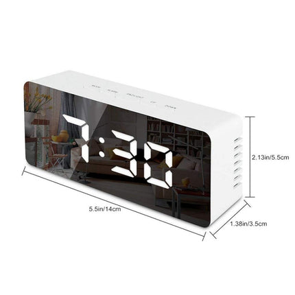 LED Mirror Alarm Clock Digital Snooze Table Clock Electronic Time Temperature Large Display White Light-garmade.com