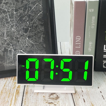 Multi-function Large Screen Electronic Clock Mute LED Mirror Alarm Clock(Green Light with White Frame)-garmade.com