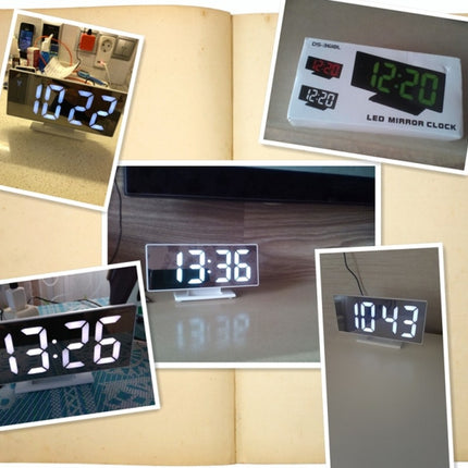 Multi-function Large Screen Electronic Clock Mute LED Mirror Alarm Clock(Green Light with White Frame)-garmade.com