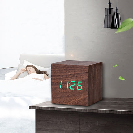 Multicolor Sounds Control Wooden Clock Modern Digital LED Desk Alarm Clock Thermometer Timer Wooden Red-garmade.com