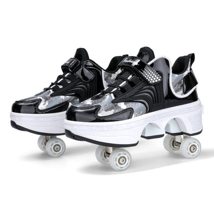 DF03 Children Walking Shoes Four-wheel Retractable Roller Skates, Size:33(Leather Black)-garmade.com